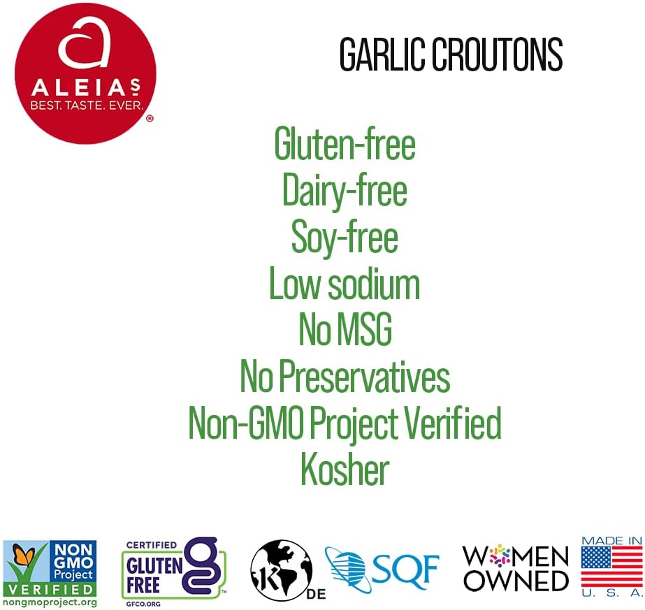 ALEIAS BEST. TASTE. EVER. Garlic Croutons - 5.5 oz / 3 Pack - Seasoned Croutons for Salads and Soups, Gluten-free, Dairy-free, Soy-free, Low Sodium, No MSG, No Preservatives