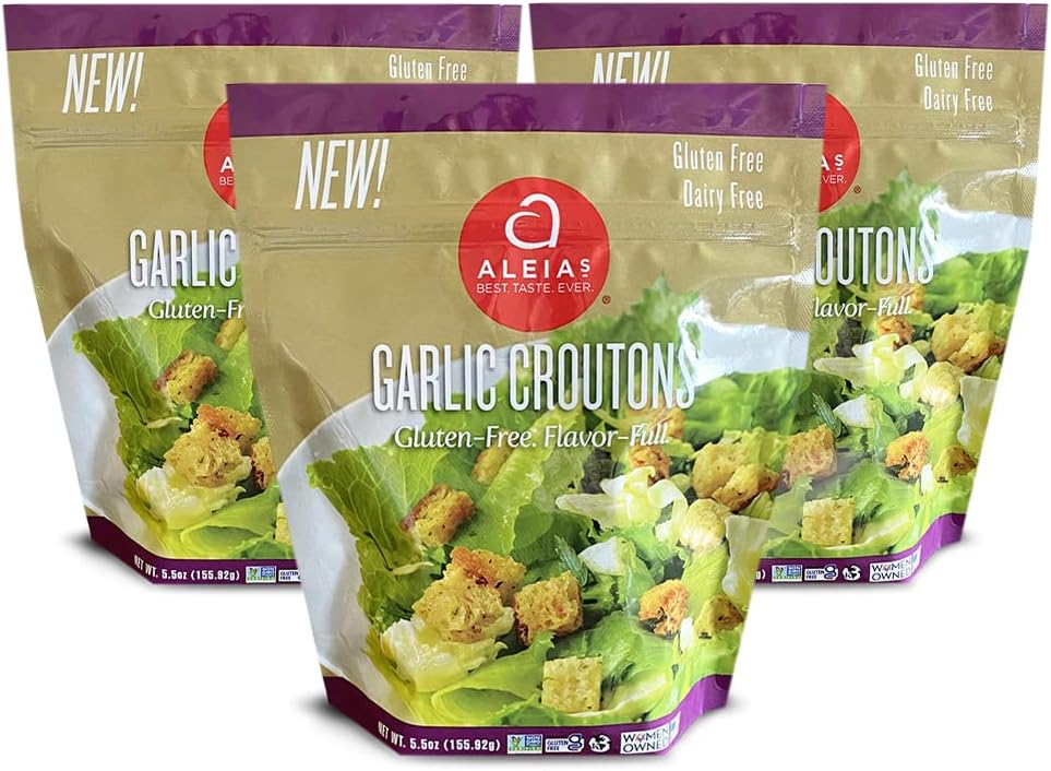 ALEIAS BEST. TASTE. EVER. Garlic Croutons - 5.5 oz / 3 Pack - Seasoned Croutons for Salads and Soups, Gluten-free, Dairy-free, Soy-free, Low Sodium, No MSG, No Preservatives