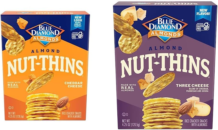 Blue Diamond Almonds Nut Thins, Gluten Free Cheddar Cheese and Three Cheese Snack Crackers, 4.25 Oz Box