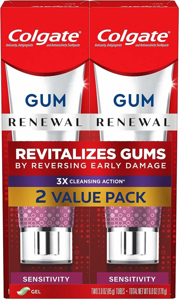 Colgate Renewal Gum Toothpaste Gel, Sensitive Toothpaste for Gingivitis and Improved Gum Health, Mint Gel, Sugar Free, Enamel Safe, Gluten Free, Vegan, 2 Pack, 3 Oz Tubes