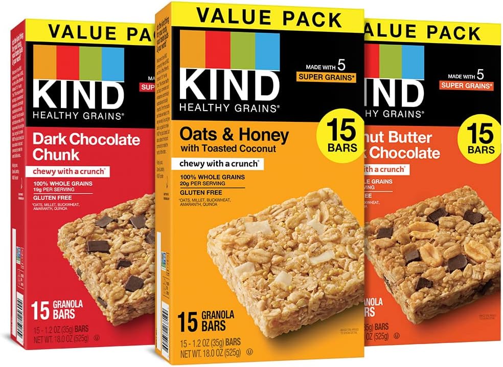 KIND Healthy Grains Bars, Variety Pack, Dark Chocolate Chunk, Oats  Honey, Peanut Butter Snacks, Gluten Free, 45 Count