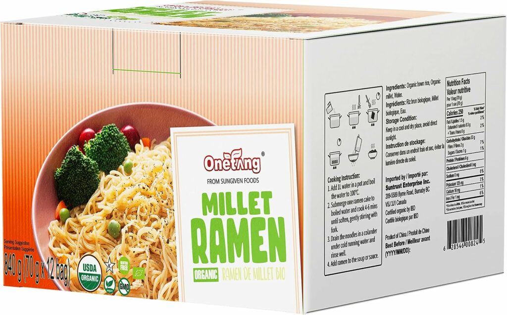 ONETANG Organic Millet  Brown Rice Ramen Noodle, Gluten-Free Pasta, Whole Grain, Non-GMO, Kosher, Vegan 2.47 Oz (Pack Of 12)