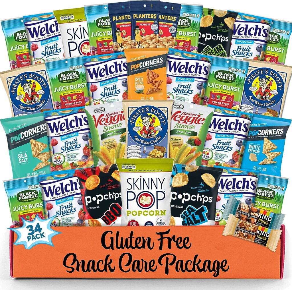 Snack Box gluten free Healthy Snacks Care Package (34 Count) for College Students, Exams, Fathers Day, Military, Finals, Office and Gift Ideas. Chips, Popcorn, and granola Bars.