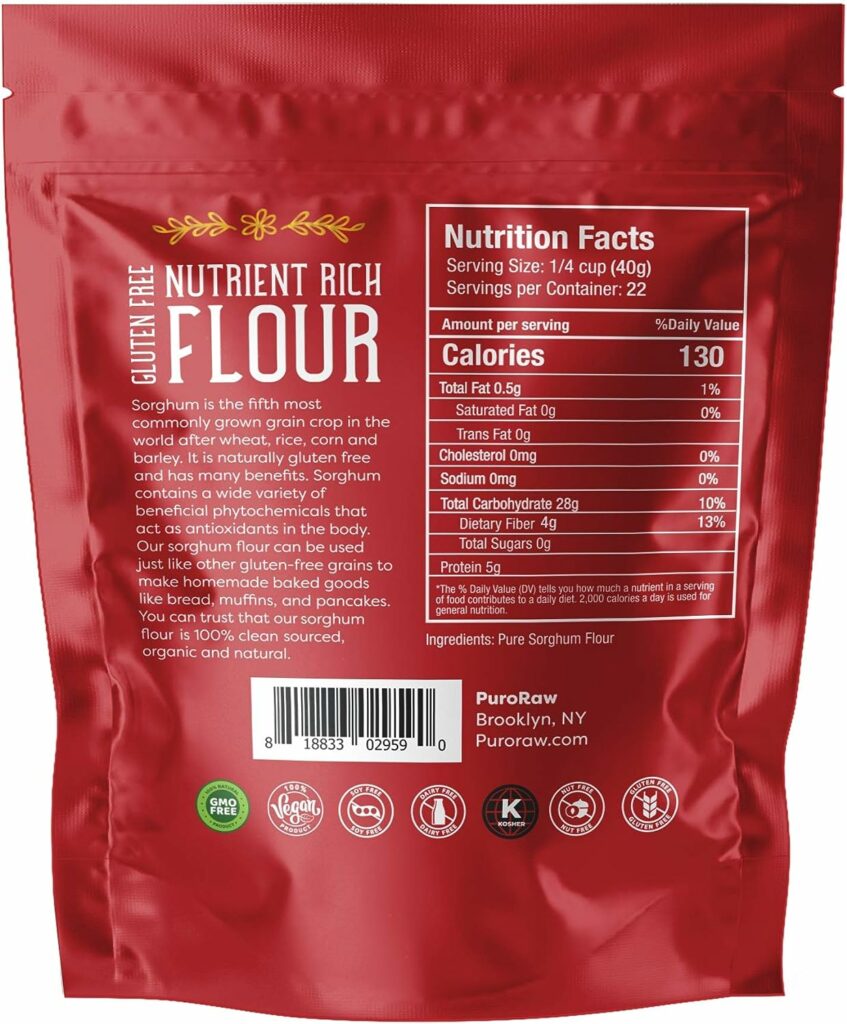 Sorghum Flour, 2lbs, Gluten Free flour, Jowar Flour, Sweet White Sorghum Flour Gluten Free, Sweet Sorghum Flour, Whole Grain, All Natural, Batch Tested, Non-GMO, 2 pounds, By PuroRaw.