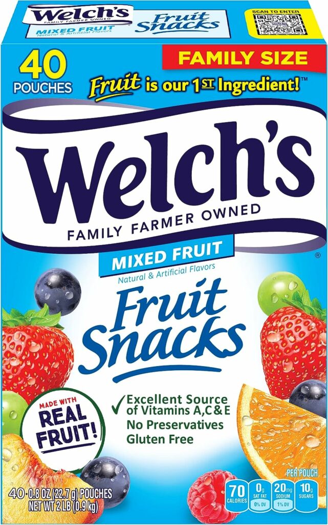 Welchs Fruit Snacks, Mixed Fruit, Gluten Free, Bulk Pack, Individual Single Serve Bags, 0.8 oz (Pack of 40)