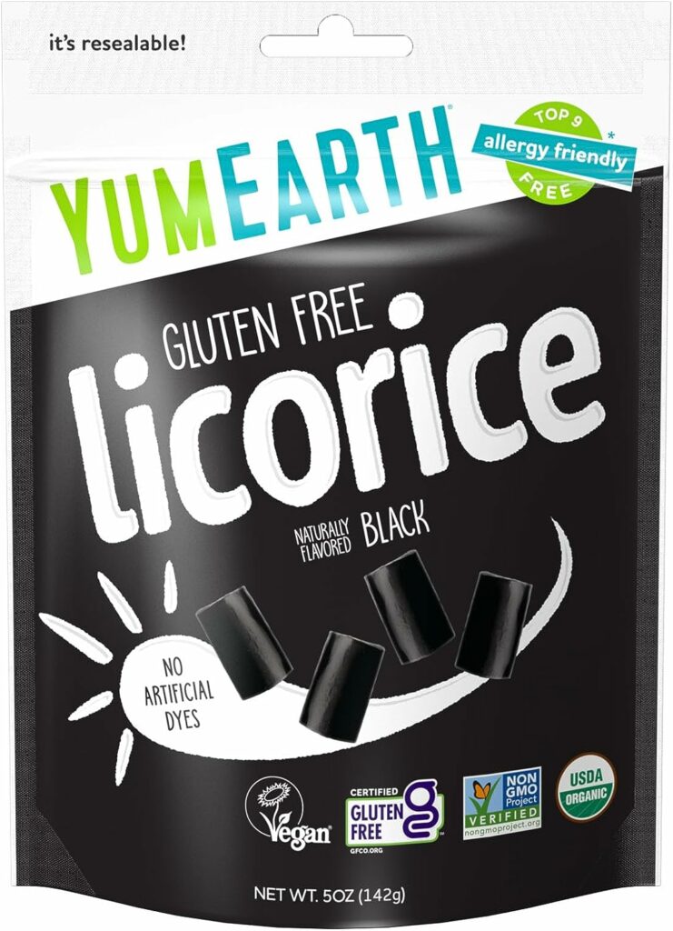 YumEarth Organic Black Licorice, 6- 5oz. Snack Pack, Allergy Friendly, Gluten Free, Non-GMO, Vegan, No Artificial Flavors or Dyes